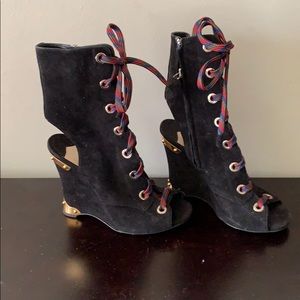 Prada lace up peep toe ankle booties